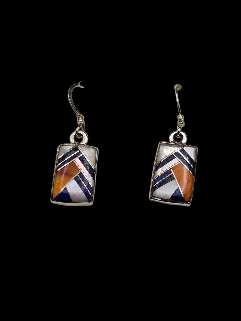 Sterling Silver Chevron Inlay Rectangle Drop Earrings, Zuni Style, New w/Box